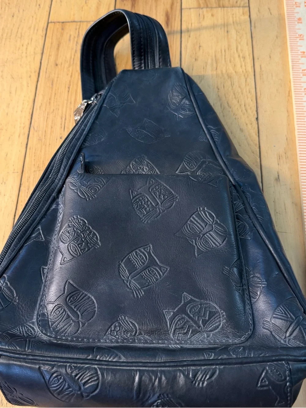 Laurel Burch Black Genuine Leather Embossed Cat Face Sling Bag Backpack